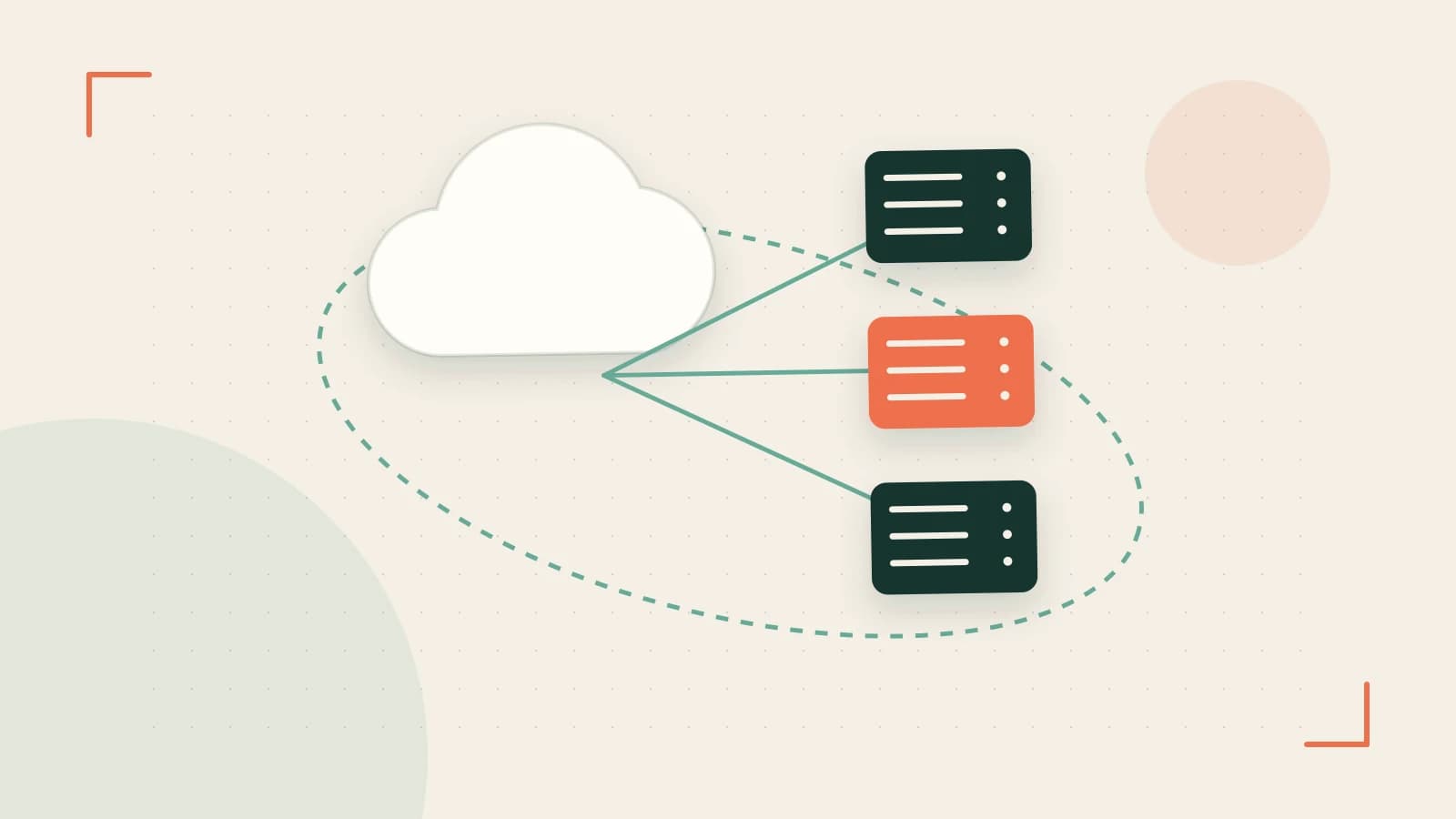 Editorial illustration of cloud infrastructure, connected server racks and an orbital service map
