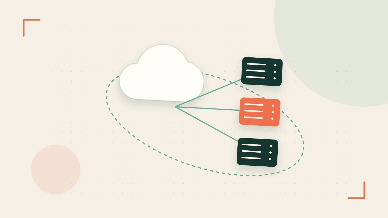 Editorial illustration of cloud infrastructure, connected server racks and an orbital service map