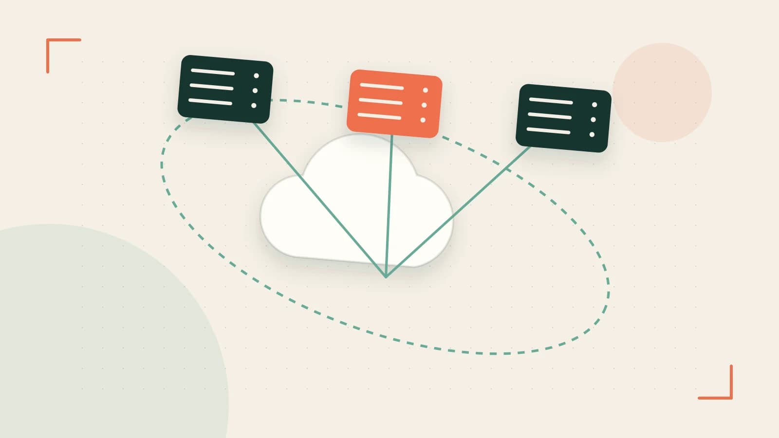 Editorial illustration of cloud infrastructure, connected server racks and an orbital service map