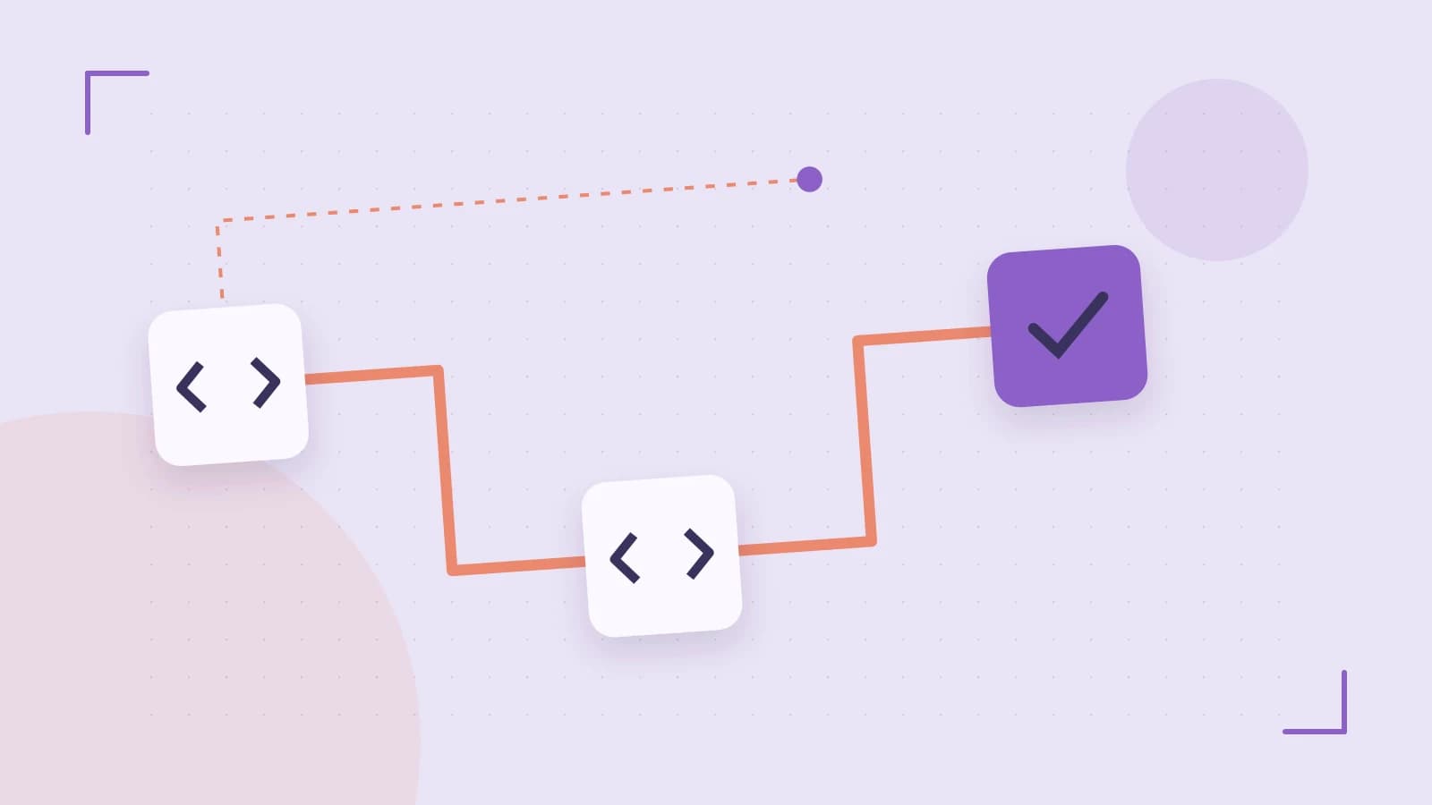 Editorial illustration of a branching build pipeline, staged transformations and a completed check