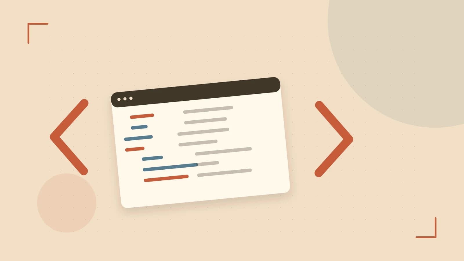 Editorial illustration of an abstract code editor, syntax blocks and oversized programming brackets