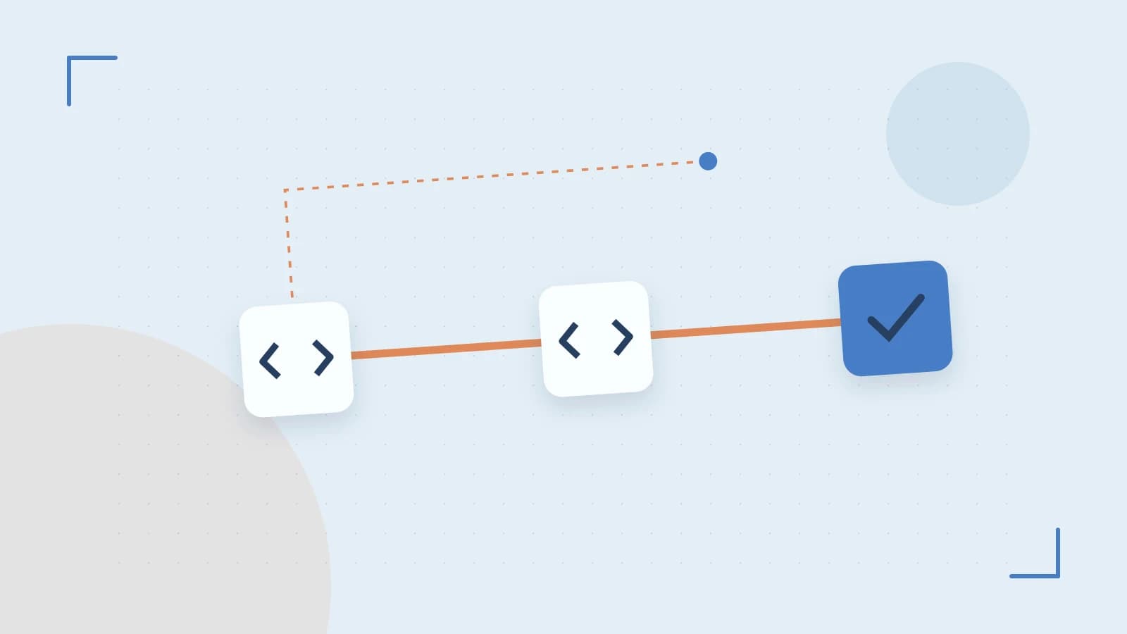 Editorial illustration of a branching build pipeline, staged transformations and a completed check