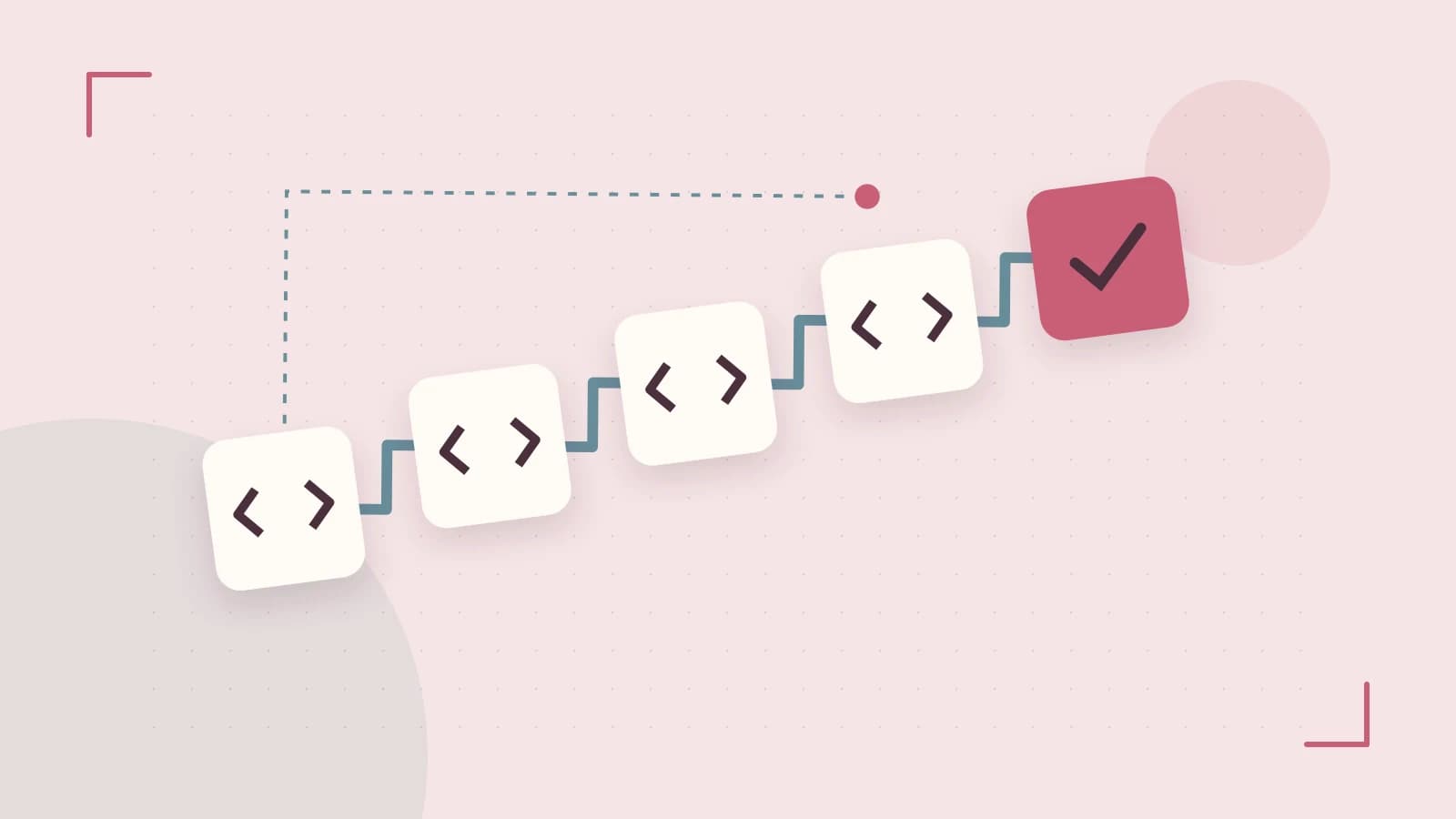 Editorial illustration of a branching build pipeline, staged transformations and a completed check