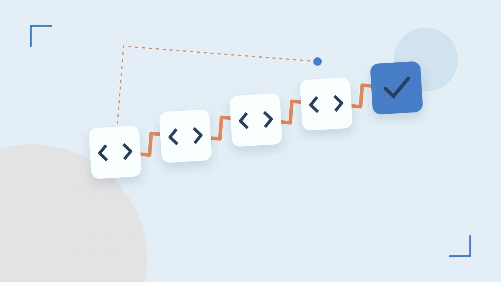 Editorial illustration of a branching build pipeline, staged transformations and a completed check