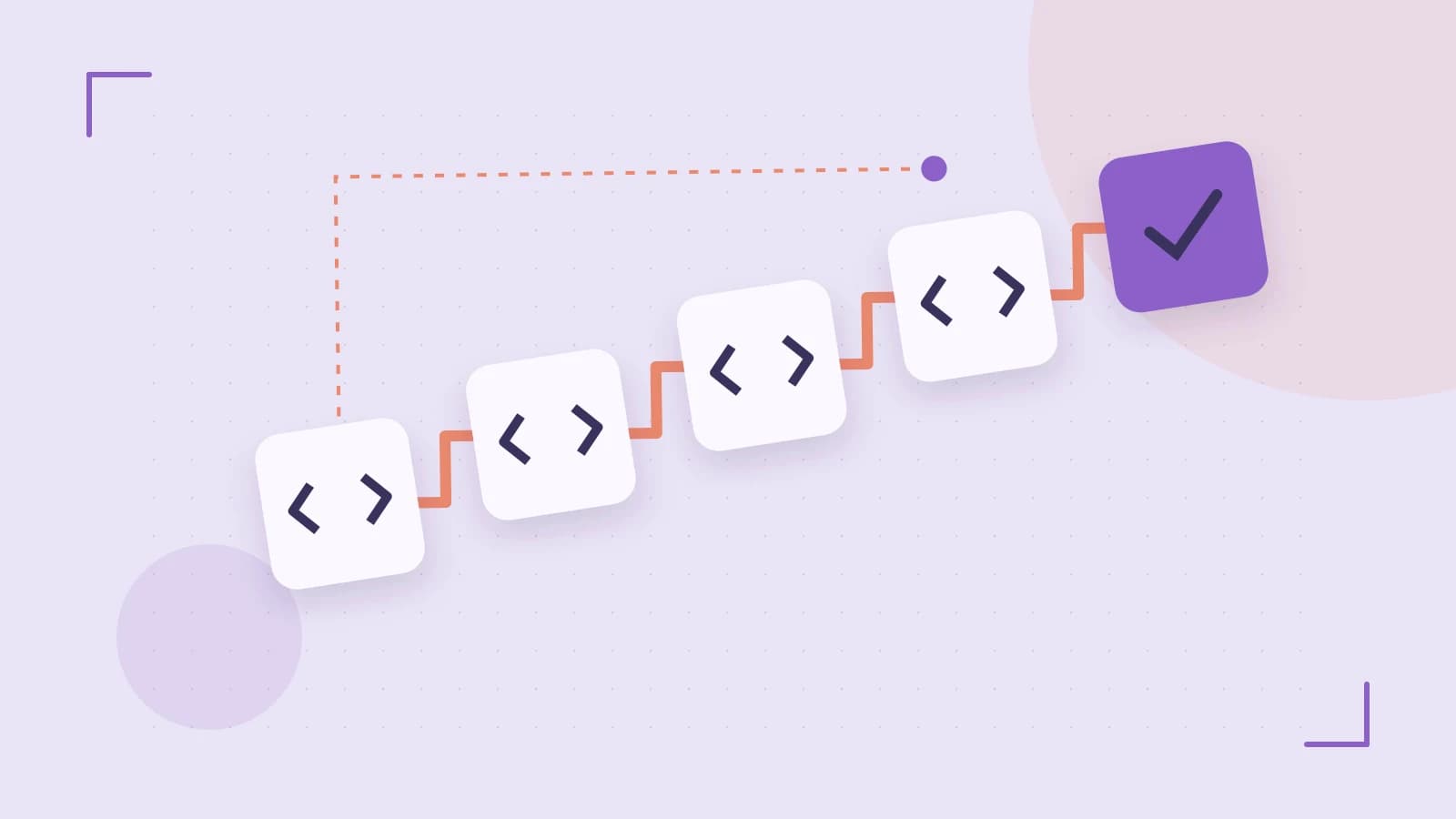 Editorial illustration of a branching build pipeline, staged transformations and a completed check