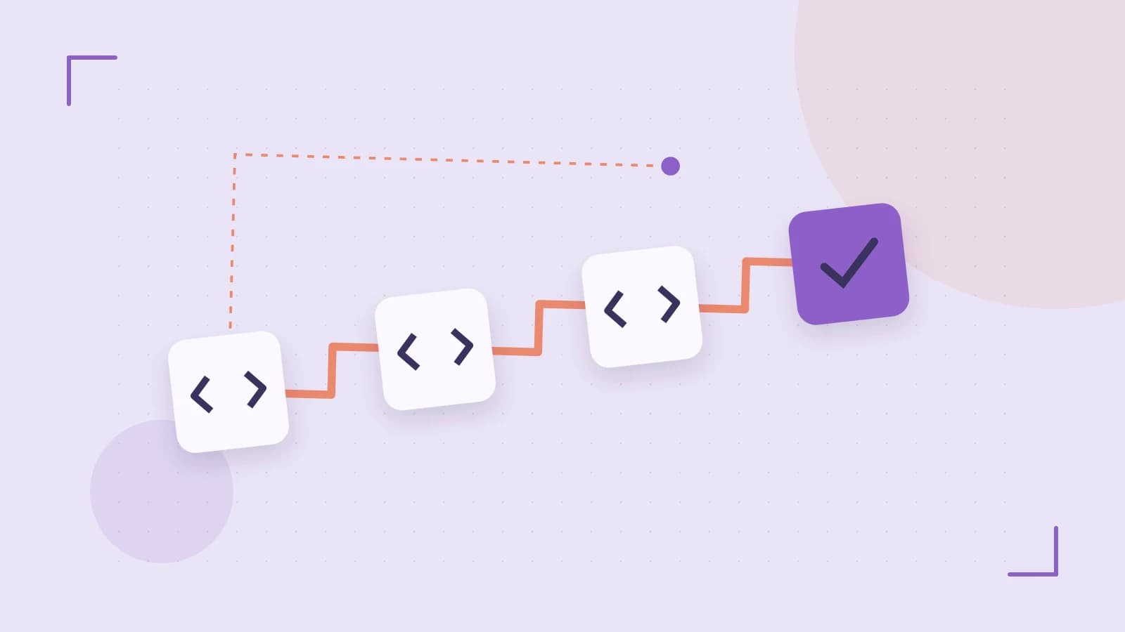 Editorial illustration of a branching build pipeline, staged transformations and a completed check