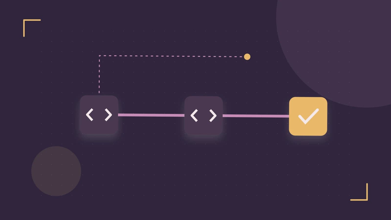 Editorial illustration of a branching build pipeline, staged transformations and a completed check