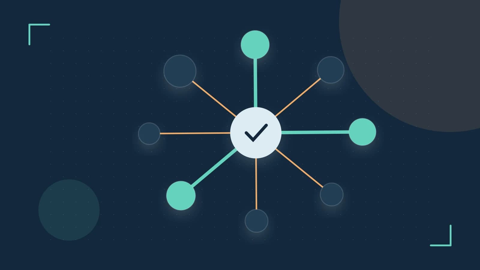 Editorial illustration of an algorithmic node graph with branching paths and a highlighted result