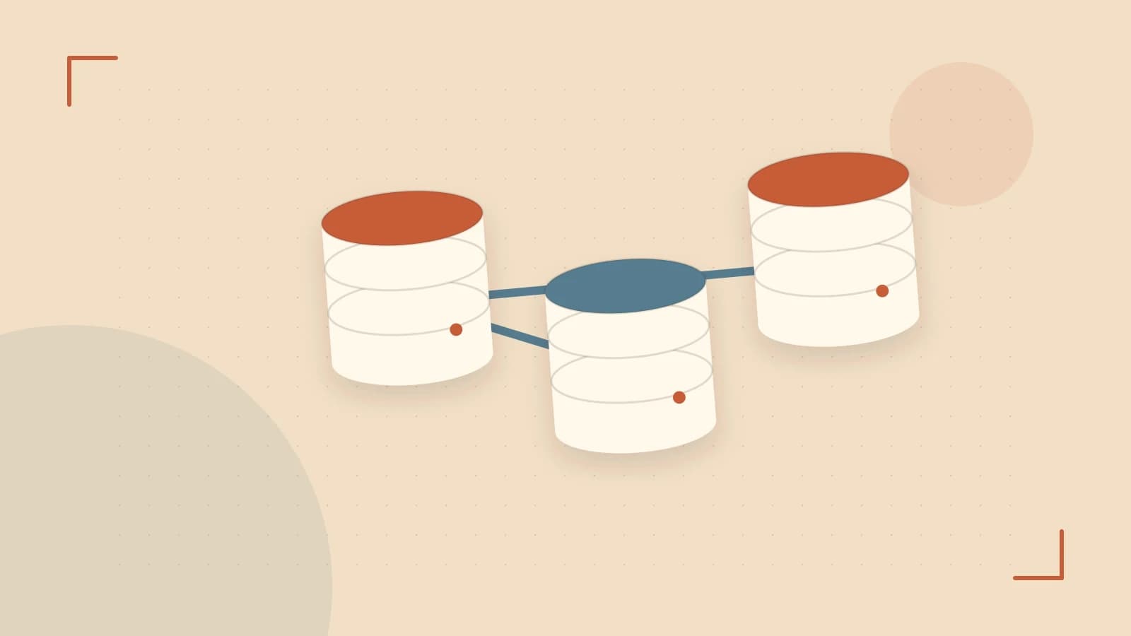 Editorial illustration of structured records, database cylinders and relationships between tables