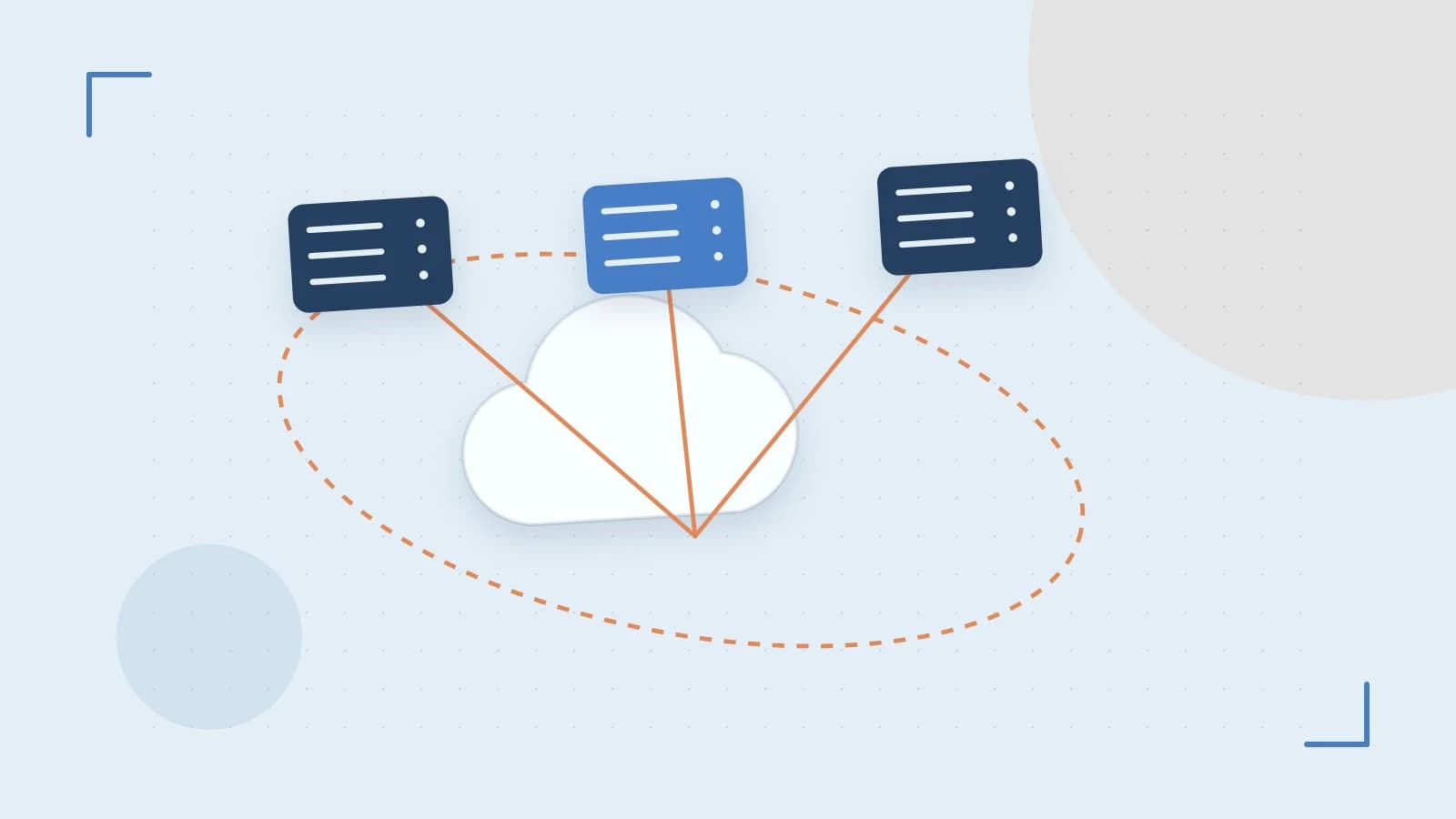 Editorial illustration of cloud infrastructure, connected server racks and an orbital service map