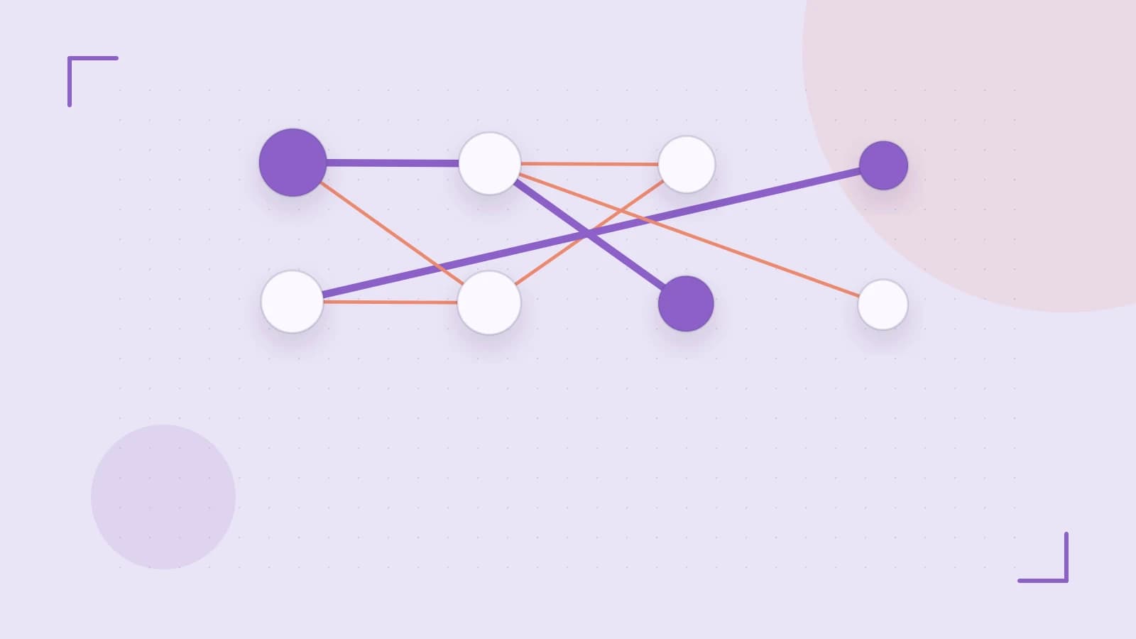 Editorial illustration of an algorithmic node graph with branching paths and a highlighted result