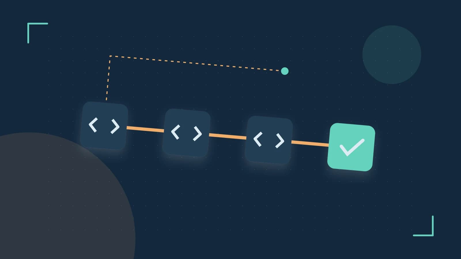 Editorial illustration of a branching build pipeline, staged transformations and a completed check