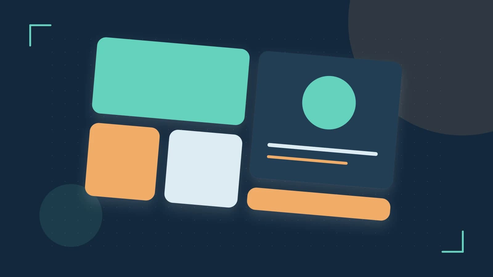 Editorial illustration of responsive browser layouts, overlapping design components and a color system