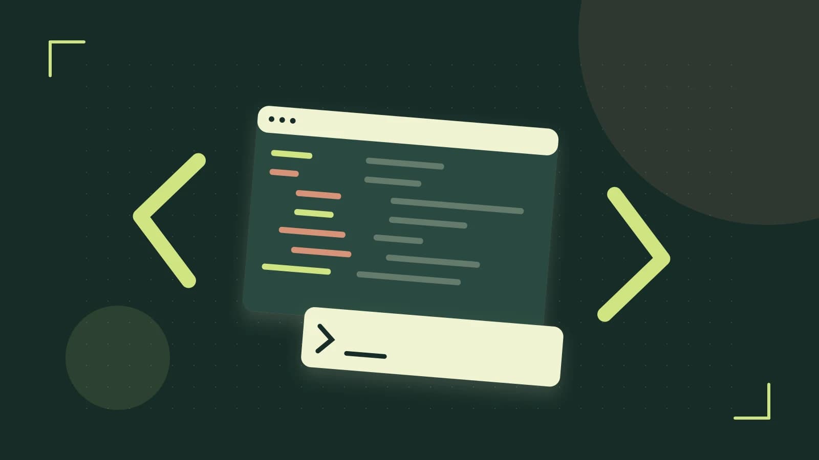 Editorial illustration of an abstract code editor, syntax blocks and oversized programming brackets