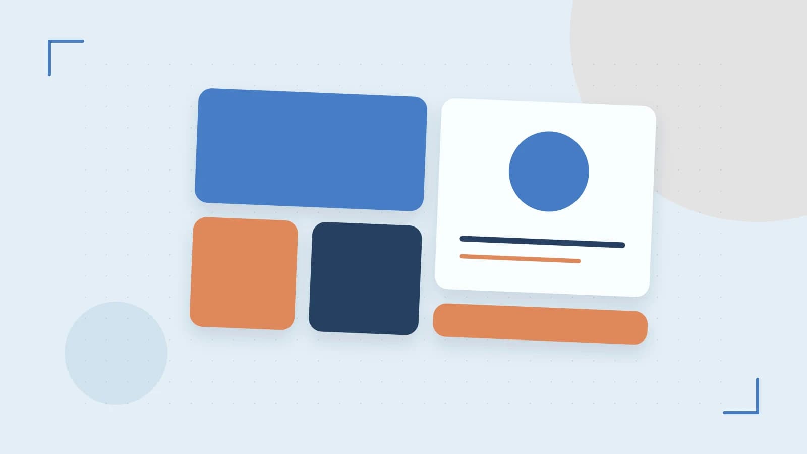 Editorial illustration of responsive browser layouts, overlapping design components and a color system