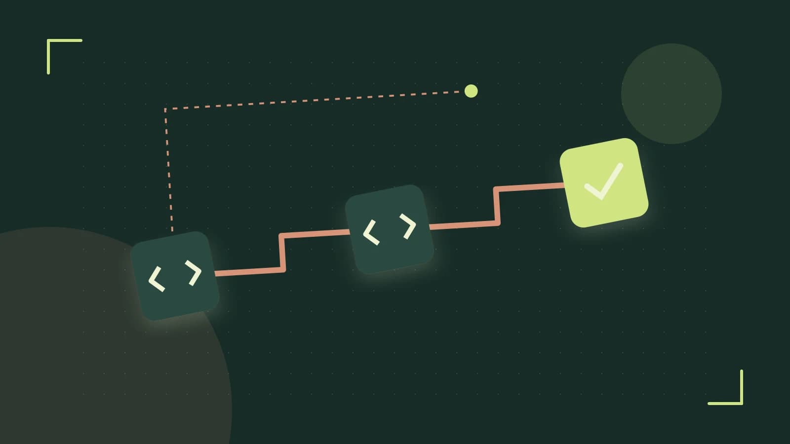 Editorial illustration of a branching build pipeline, staged transformations and a completed check