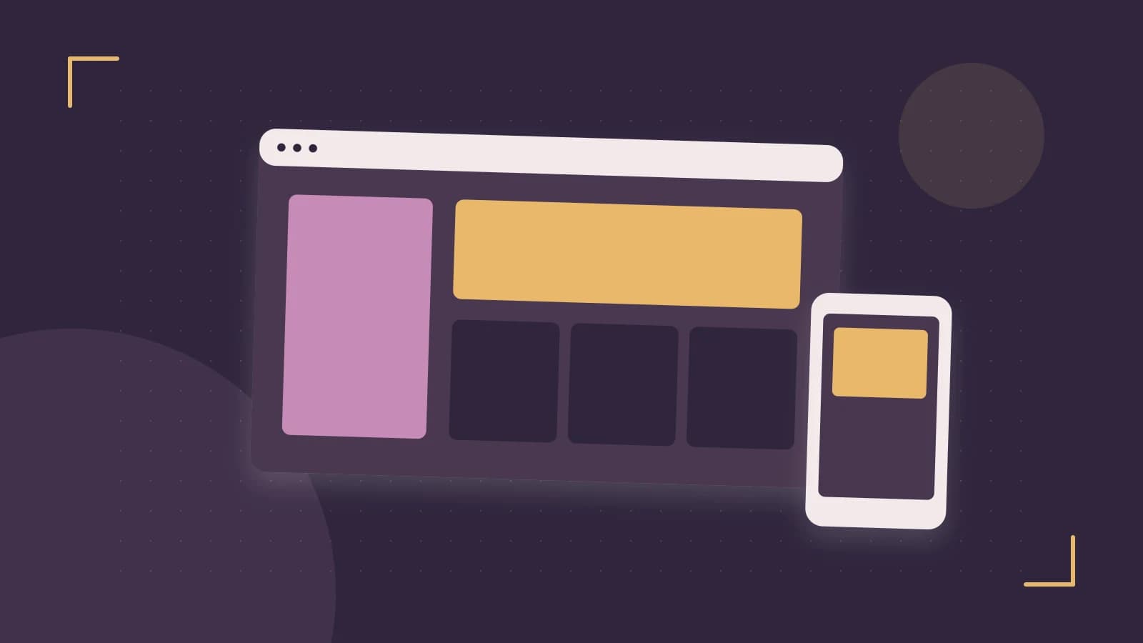 Editorial illustration of responsive browser layouts, overlapping design components and a color system