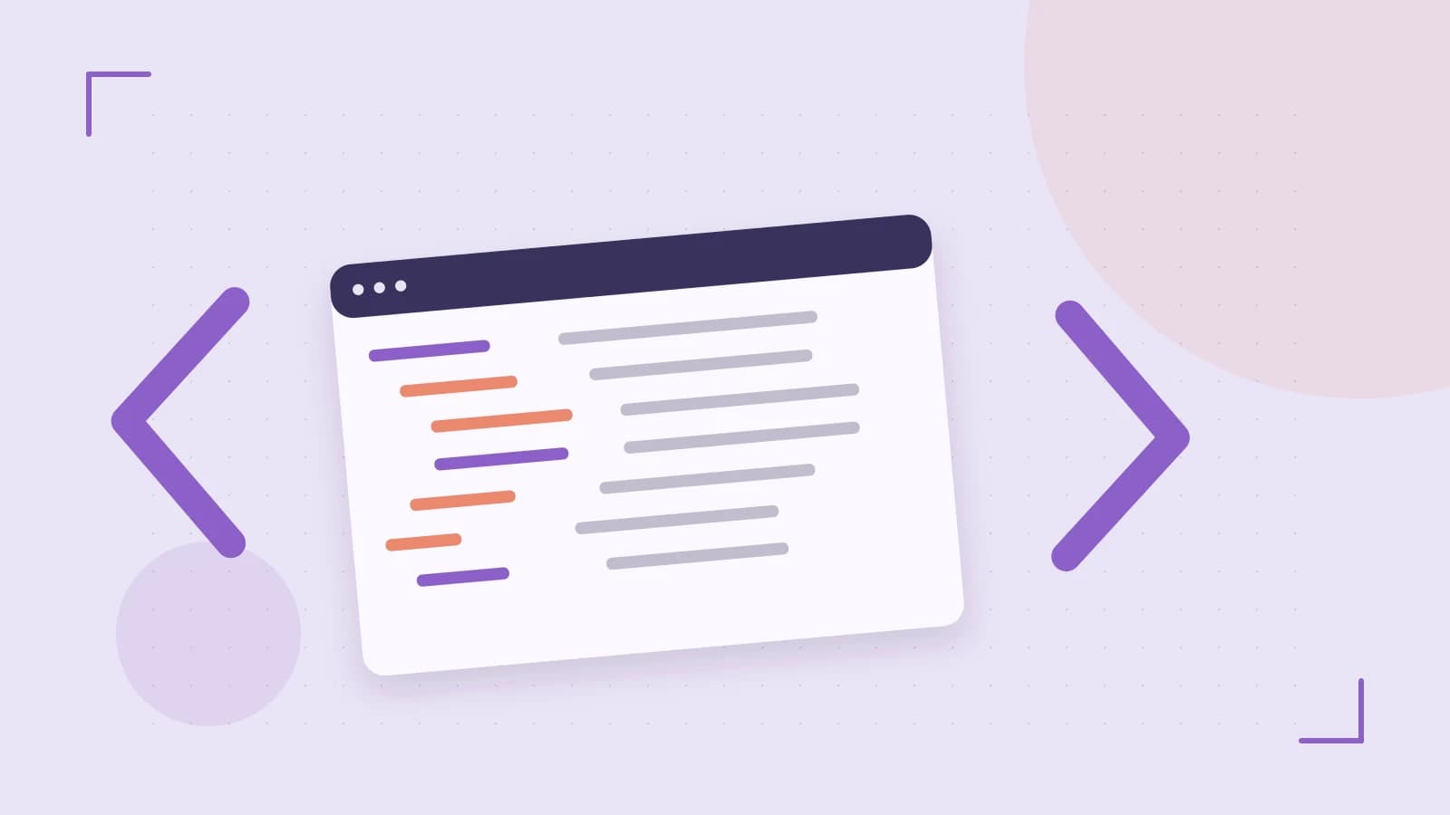 Editorial illustration of an abstract code editor, syntax blocks and oversized programming brackets