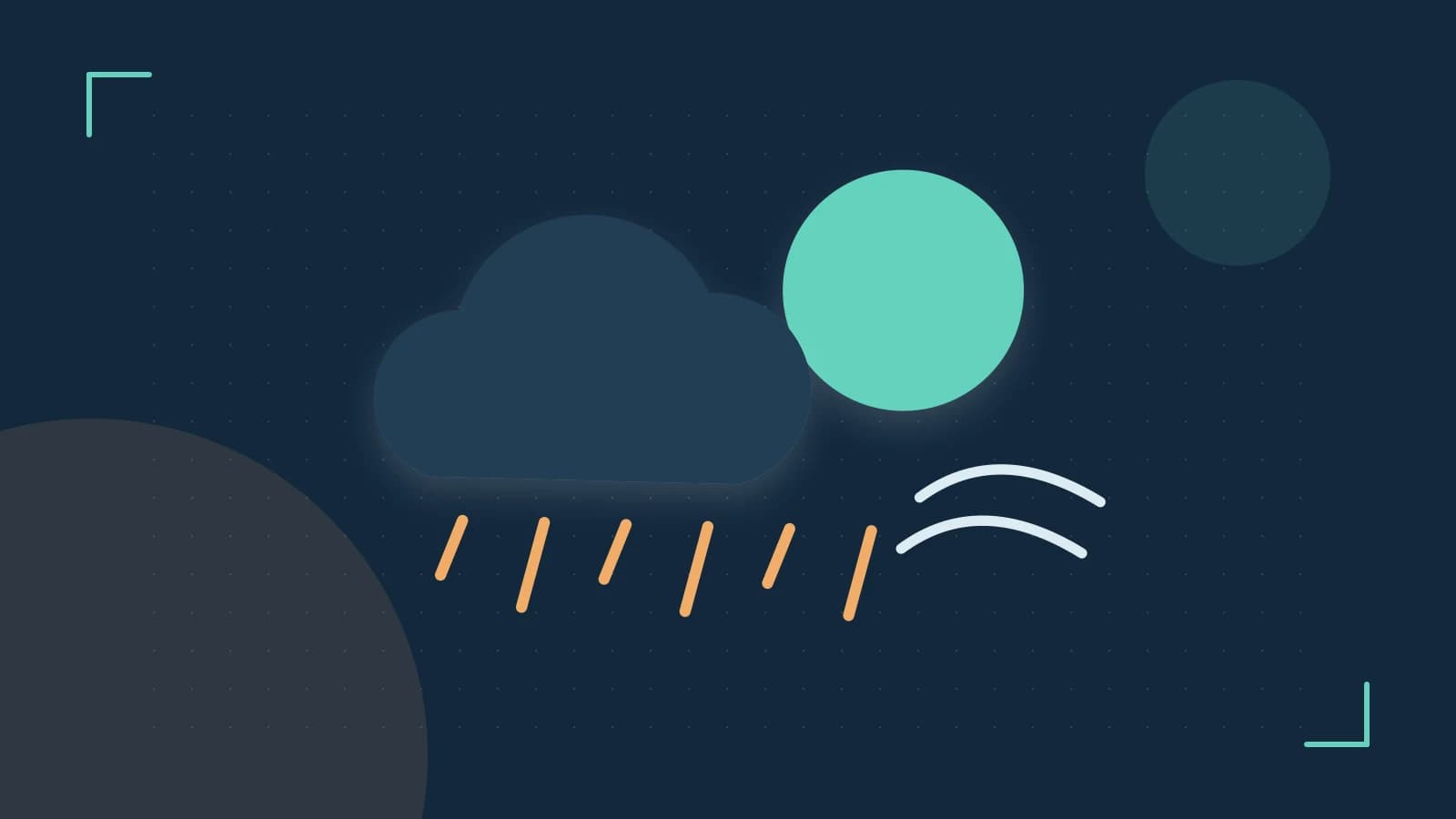 Editorial illustration of a sun, layered clouds, raindrops and flowing weather patterns