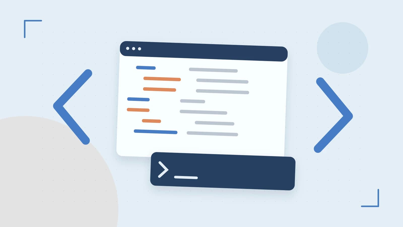 Editorial illustration of an abstract code editor, syntax blocks and oversized programming brackets