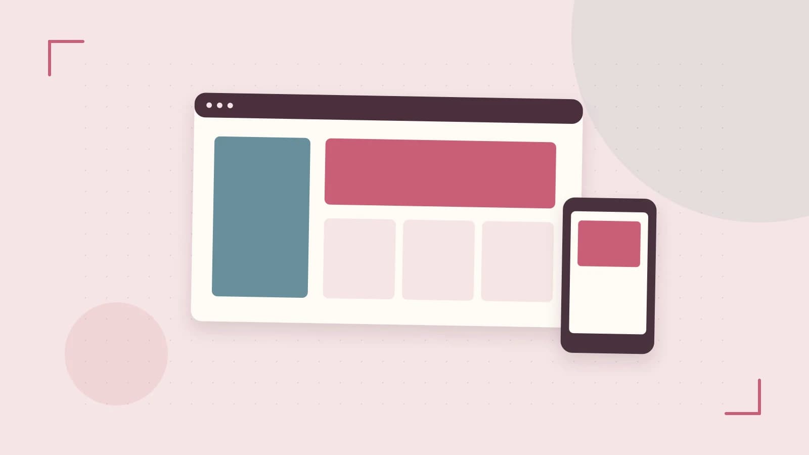 Editorial illustration of responsive browser layouts, overlapping design components and a color system