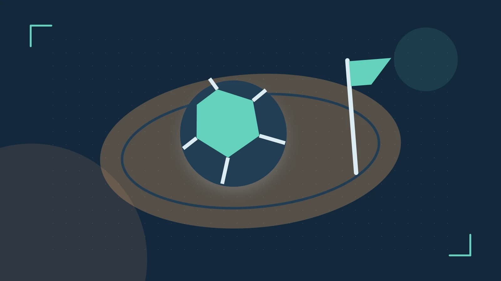 Editorial illustration of a stylized sports ball, stadium geometry and dynamic arcs