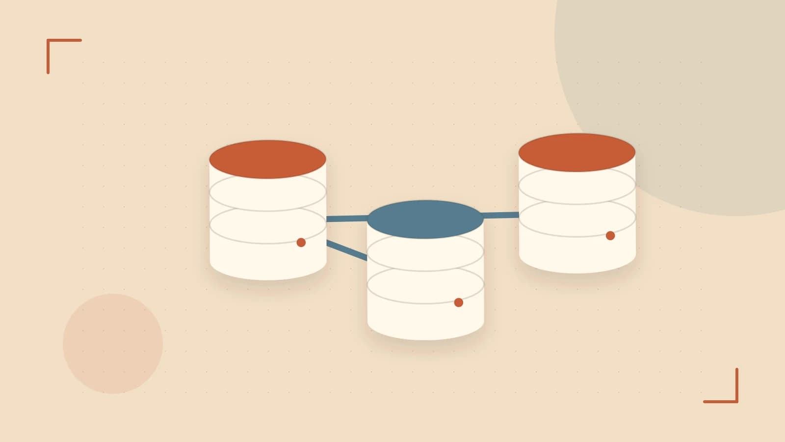 Editorial illustration of structured records, database cylinders and relationships between tables