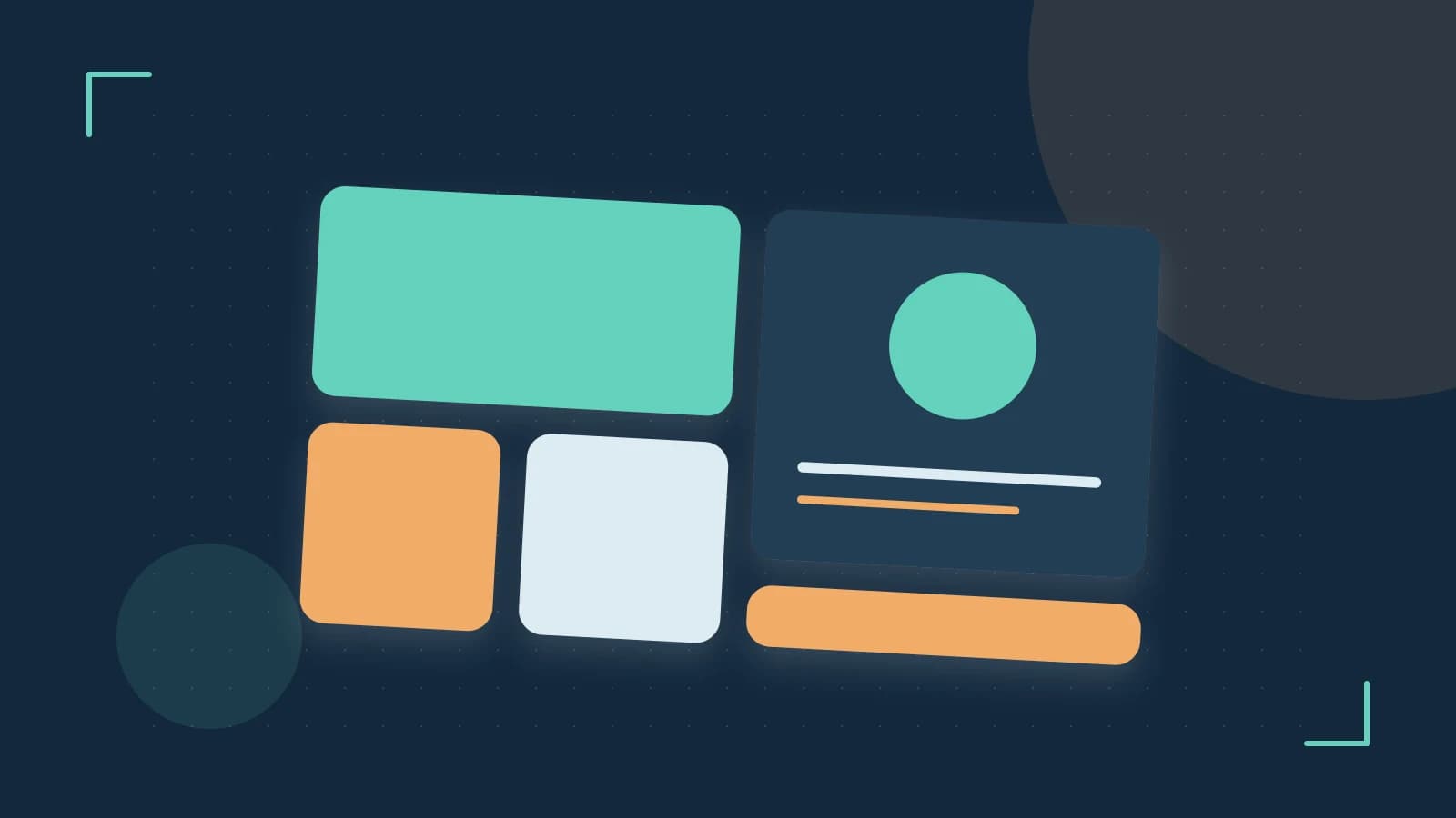 Editorial illustration of responsive browser layouts, overlapping design components and a color system