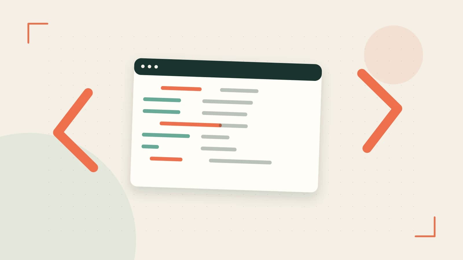 Editorial illustration of an abstract code editor, syntax blocks and oversized programming brackets