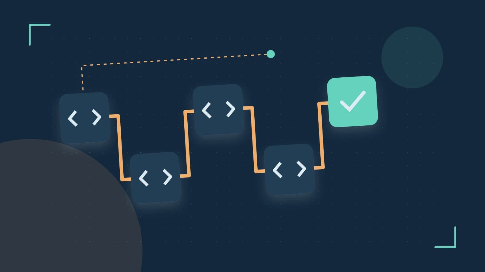 Editorial illustration of a branching build pipeline, staged transformations and a completed check