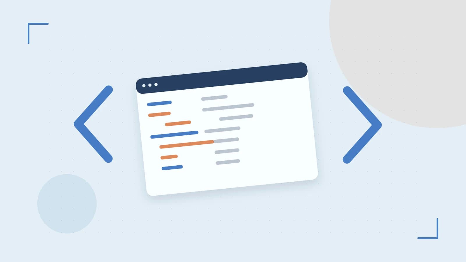 Editorial illustration of an abstract code editor, syntax blocks and oversized programming brackets