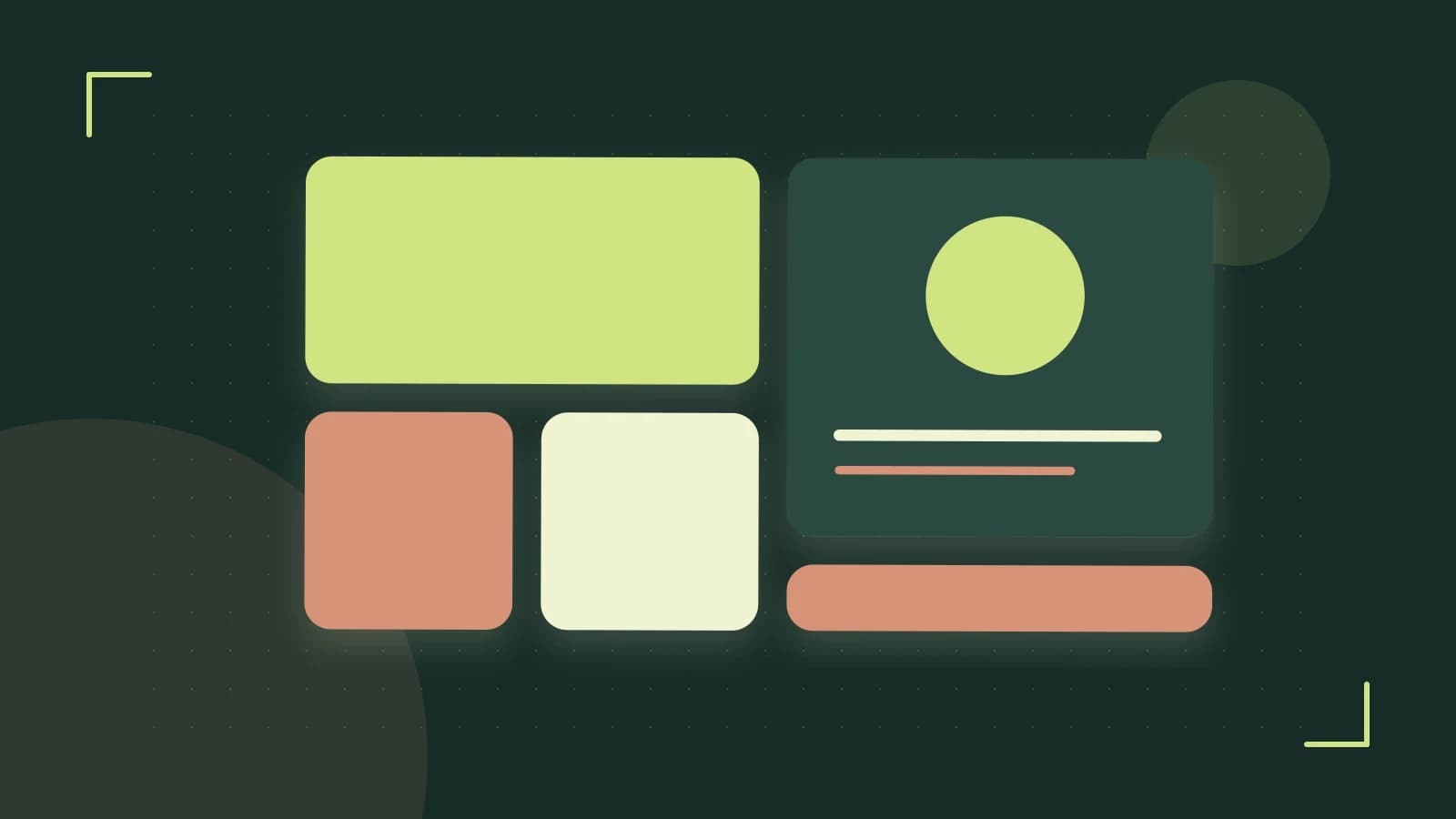 Editorial illustration of responsive browser layouts, overlapping design components and a color system