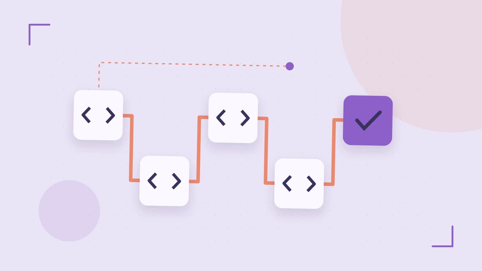 Editorial illustration of a branching build pipeline, staged transformations and a completed check