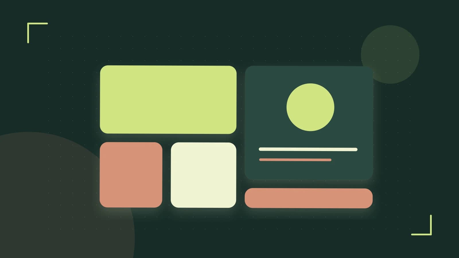 Editorial illustration of responsive browser layouts, overlapping design components and a color system