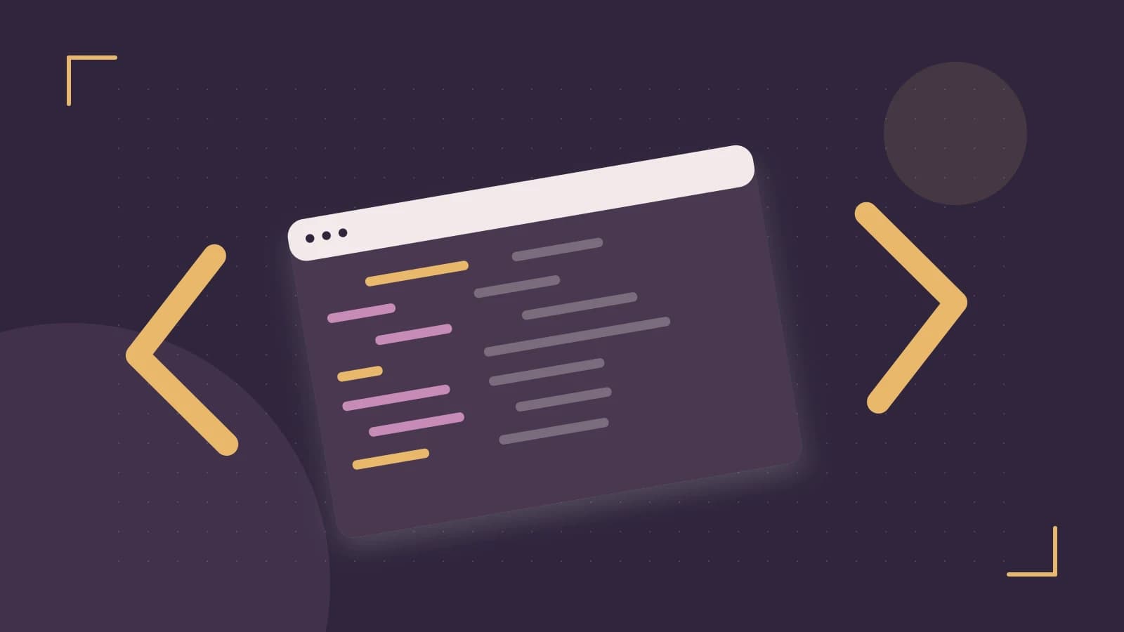 Editorial illustration of an abstract code editor, syntax blocks and oversized programming brackets