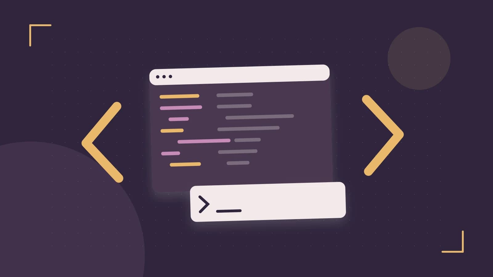 Editorial illustration of an abstract code editor, syntax blocks and oversized programming brackets