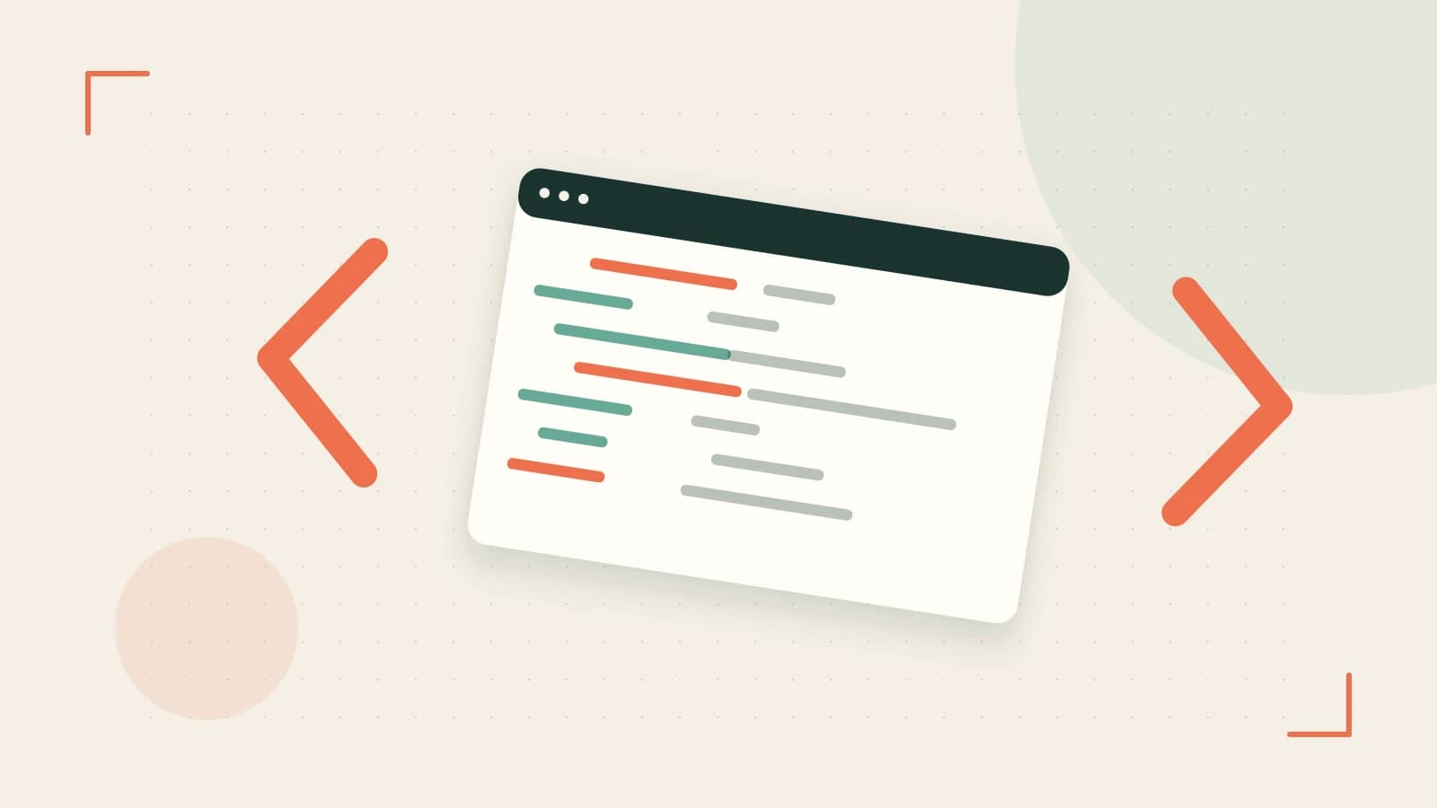 Editorial illustration of an abstract code editor, syntax blocks and oversized programming brackets