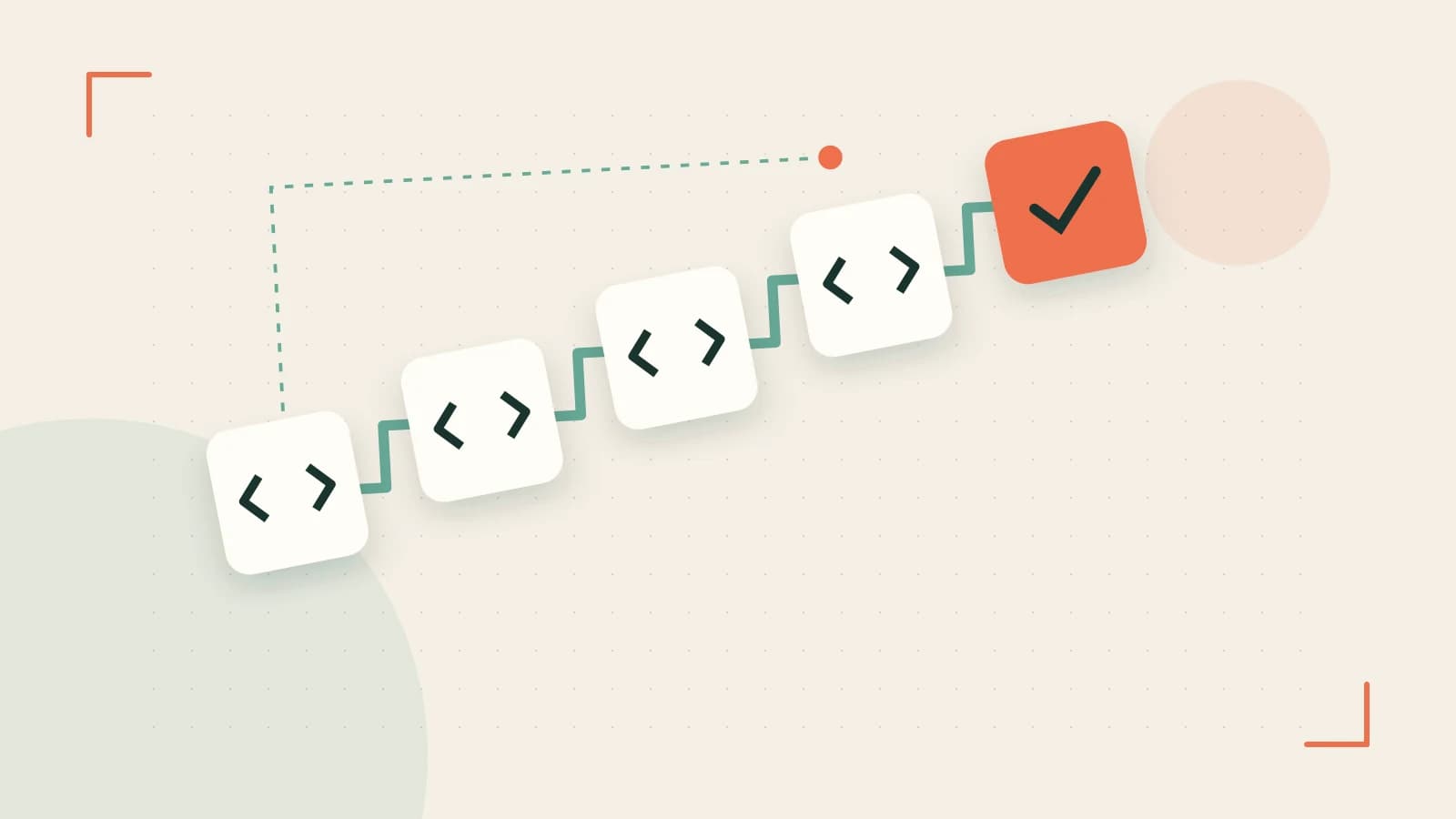 Editorial illustration of a branching build pipeline, staged transformations and a completed check