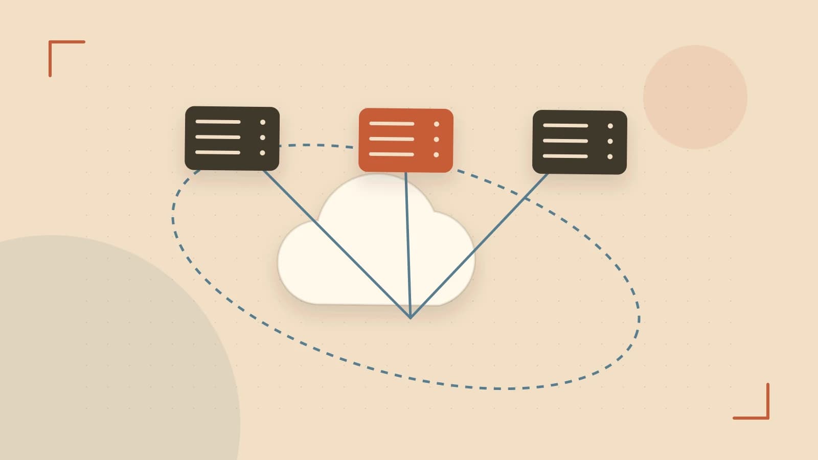 Editorial illustration of cloud infrastructure, connected server racks and an orbital service map