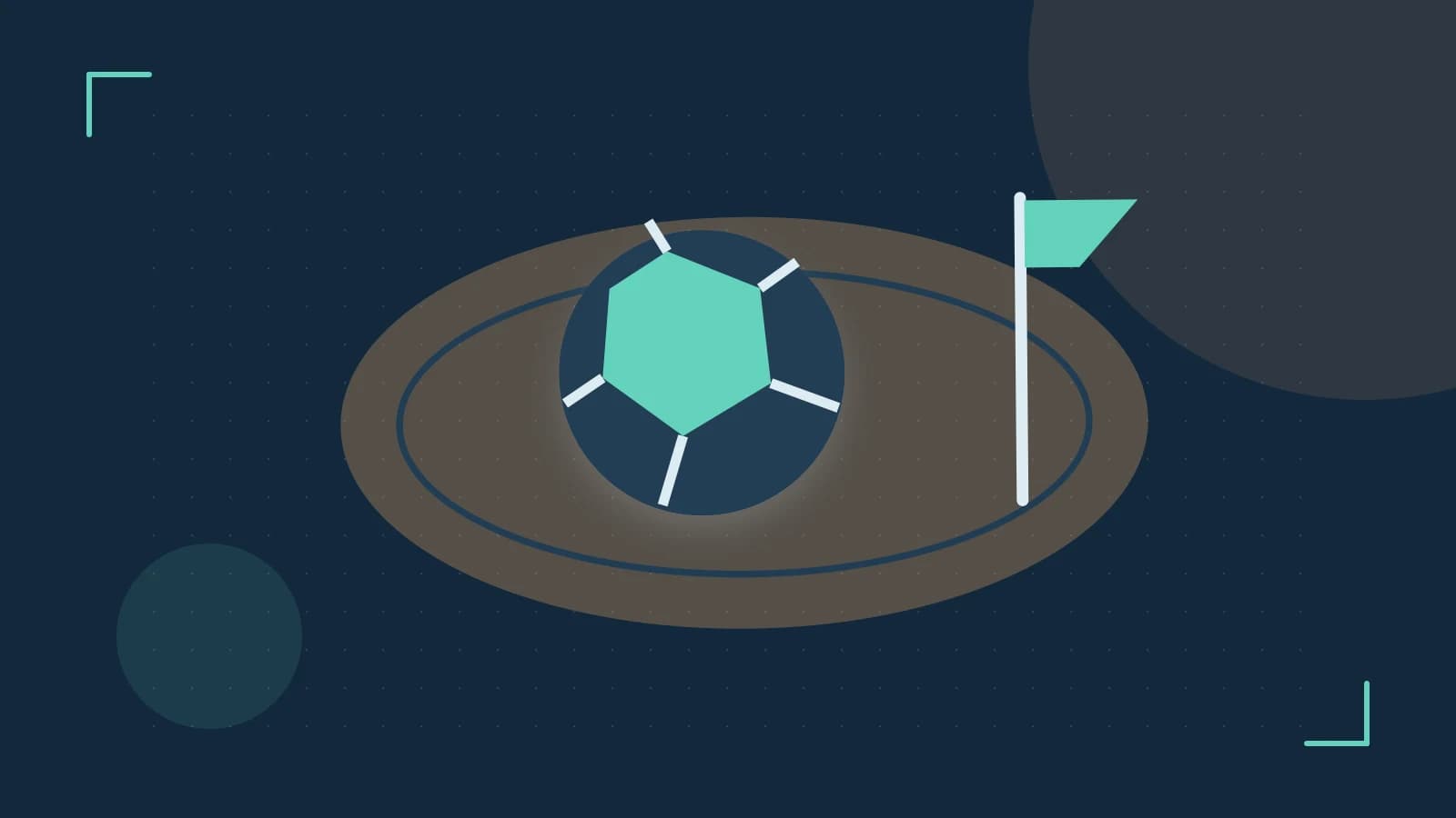 Editorial illustration of a stylized sports ball, stadium geometry and dynamic arcs
