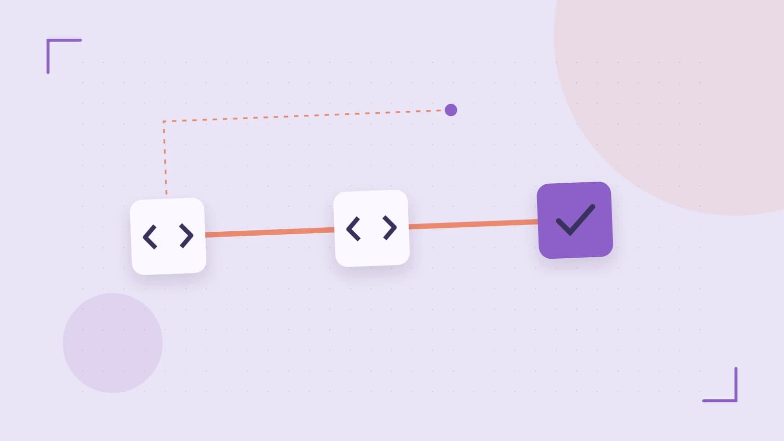 Editorial illustration of a branching build pipeline, staged transformations and a completed check