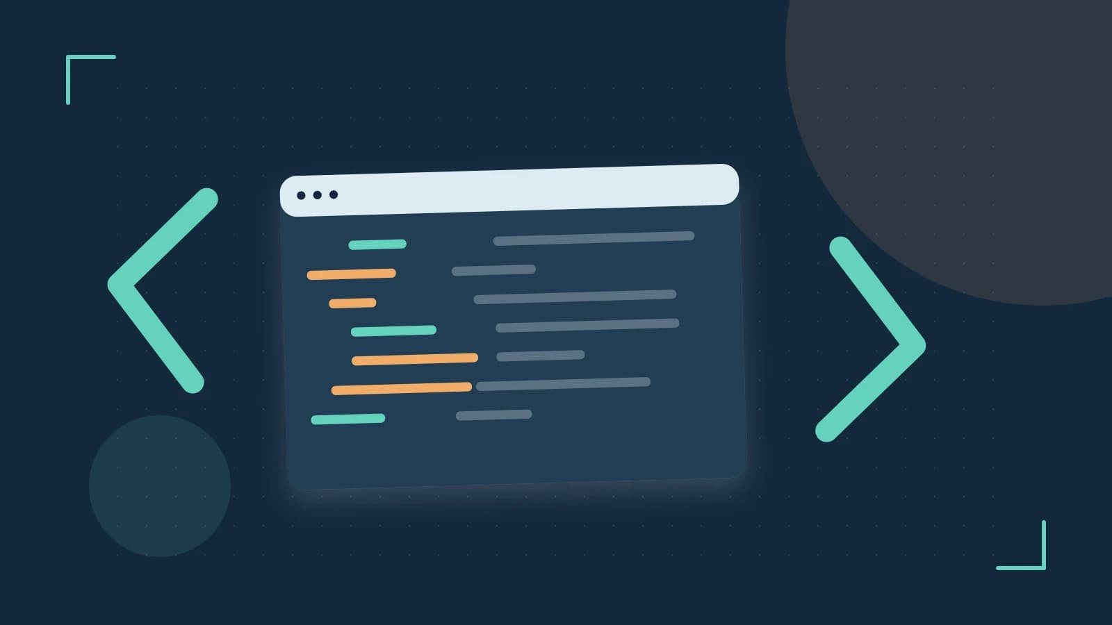 Editorial illustration of an abstract code editor, syntax blocks and oversized programming brackets