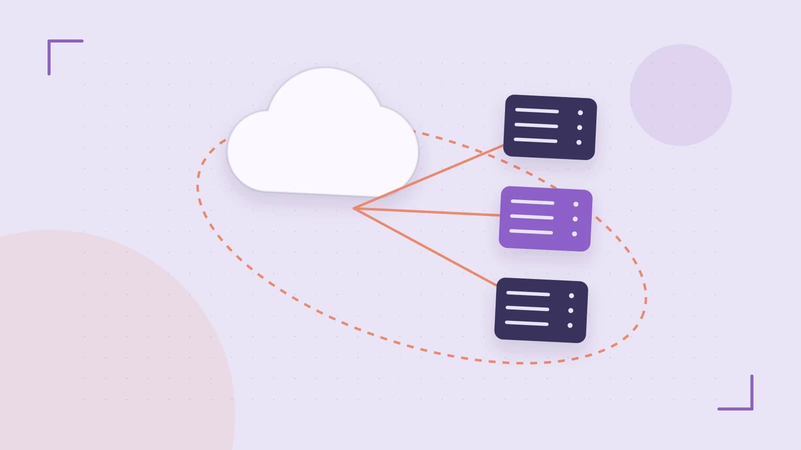 Editorial illustration of cloud infrastructure, connected server racks and an orbital service map
