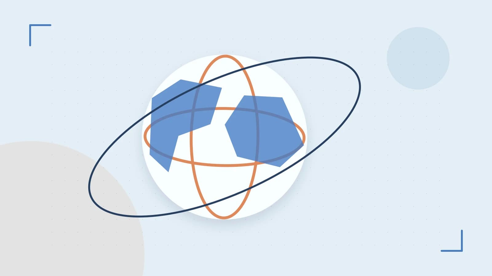 Editorial illustration of an editorial globe with meridians and layered geographic shapes