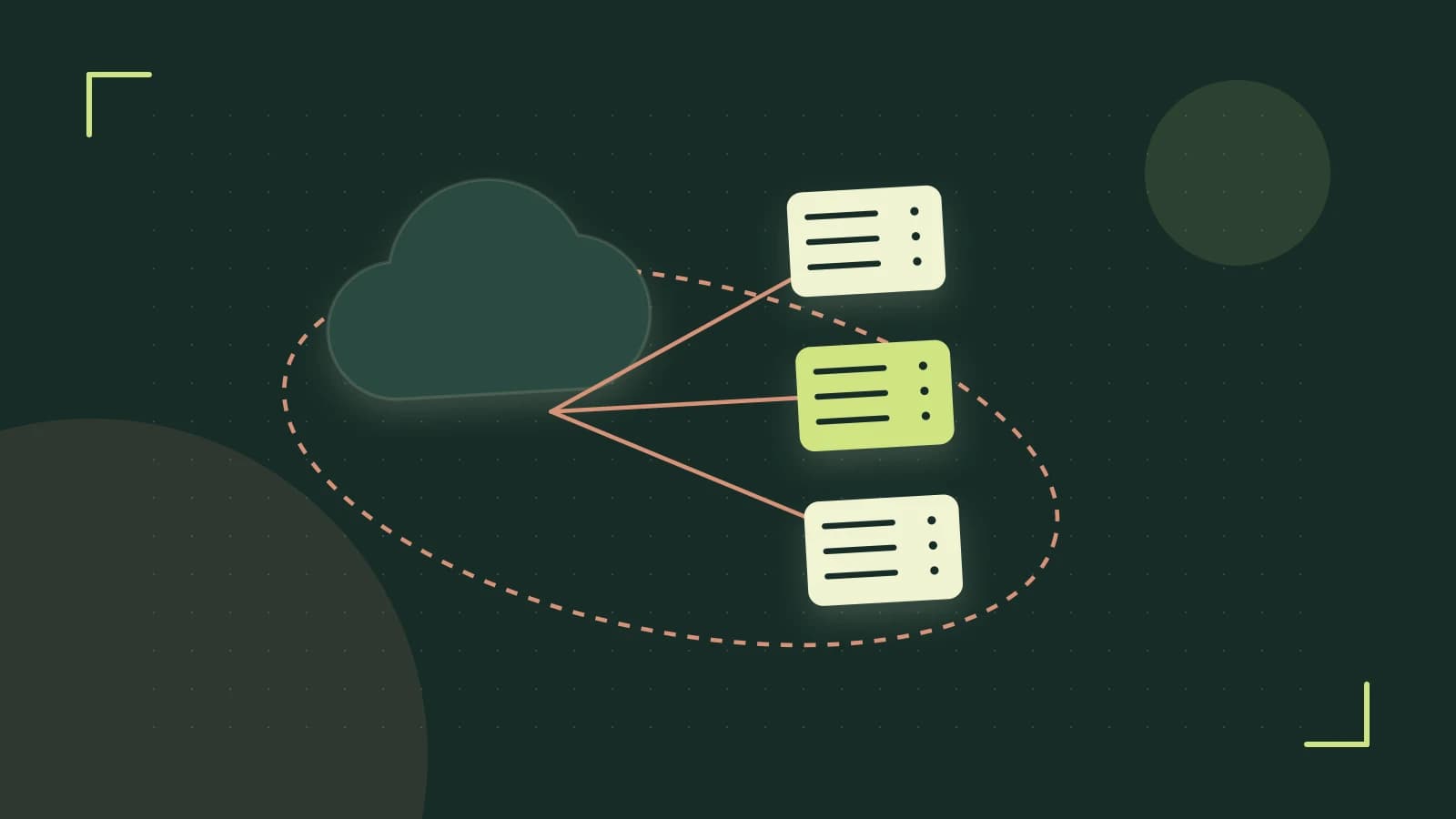 Editorial illustration of cloud infrastructure, connected server racks and an orbital service map