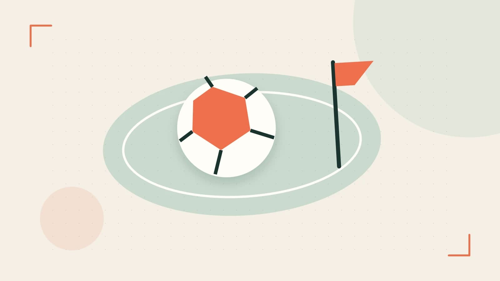 Editorial illustration of a stylized sports ball, stadium geometry and dynamic arcs