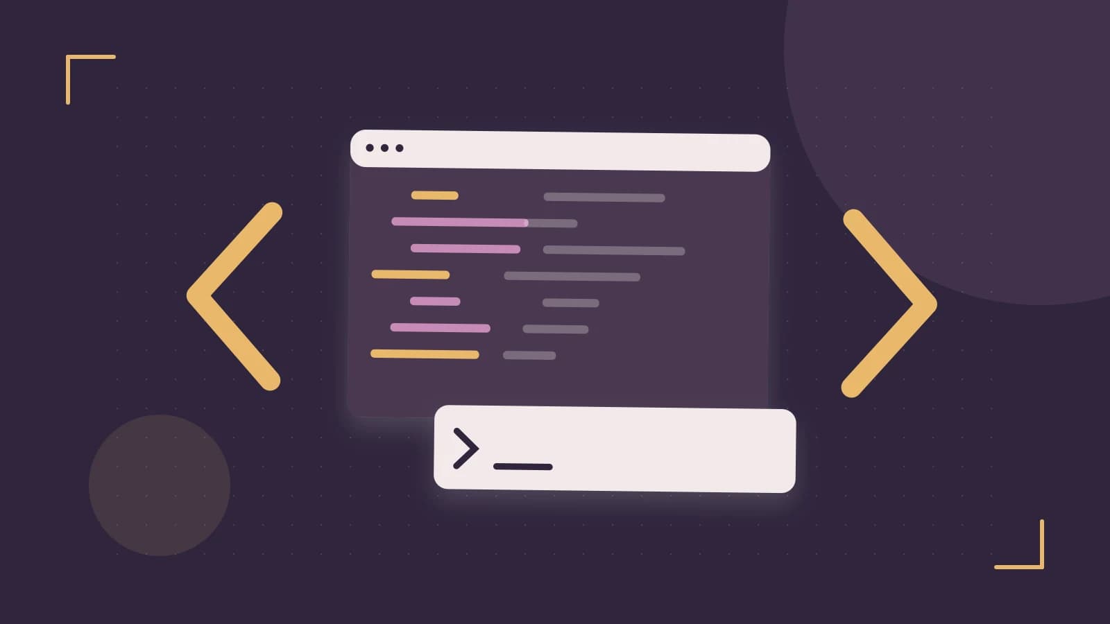 Editorial illustration of an abstract code editor, syntax blocks and oversized programming brackets