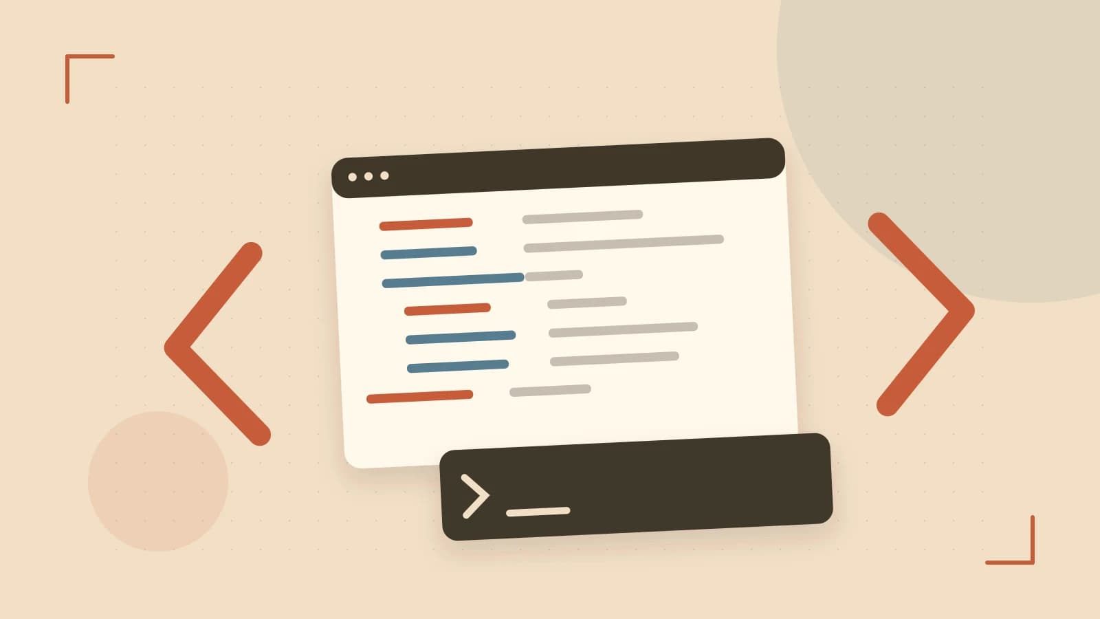 Editorial illustration of an abstract code editor, syntax blocks and oversized programming brackets