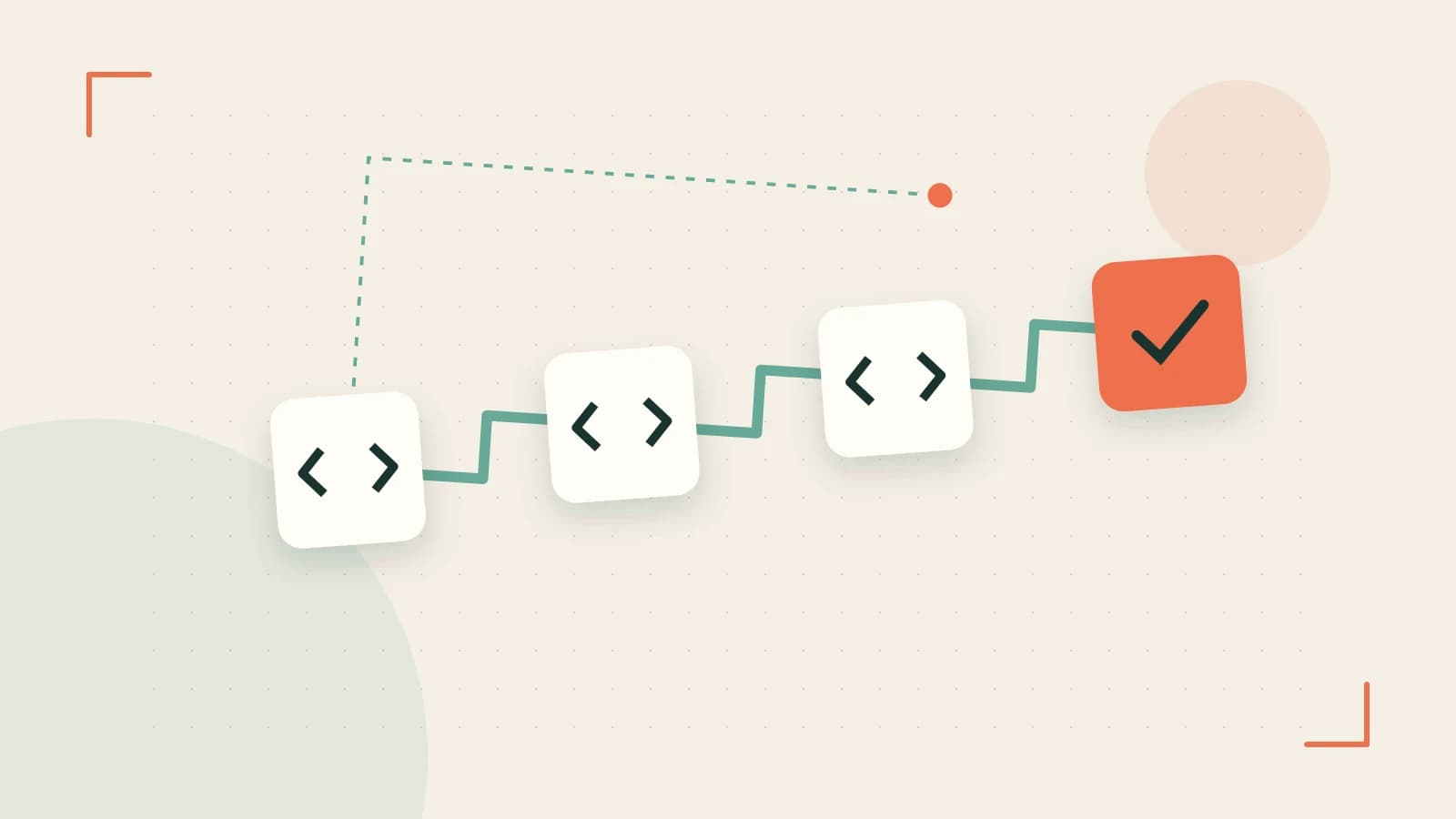 Editorial illustration of a branching build pipeline, staged transformations and a completed check