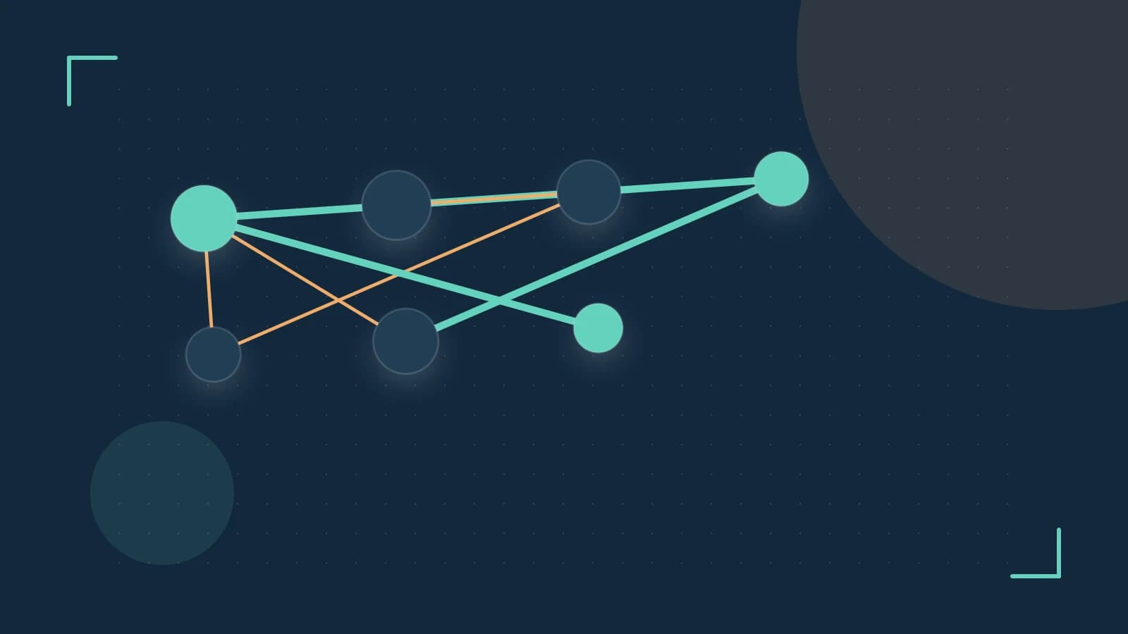 Editorial illustration of an algorithmic node graph with branching paths and a highlighted result